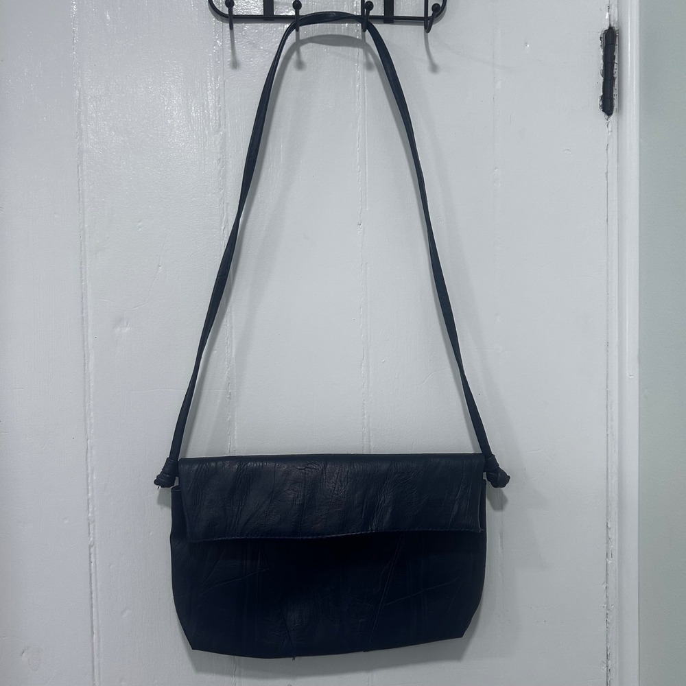 Monique Navy Blue Leather Crossbody Bag Foldover Flap Minimalist Knotted Strap
